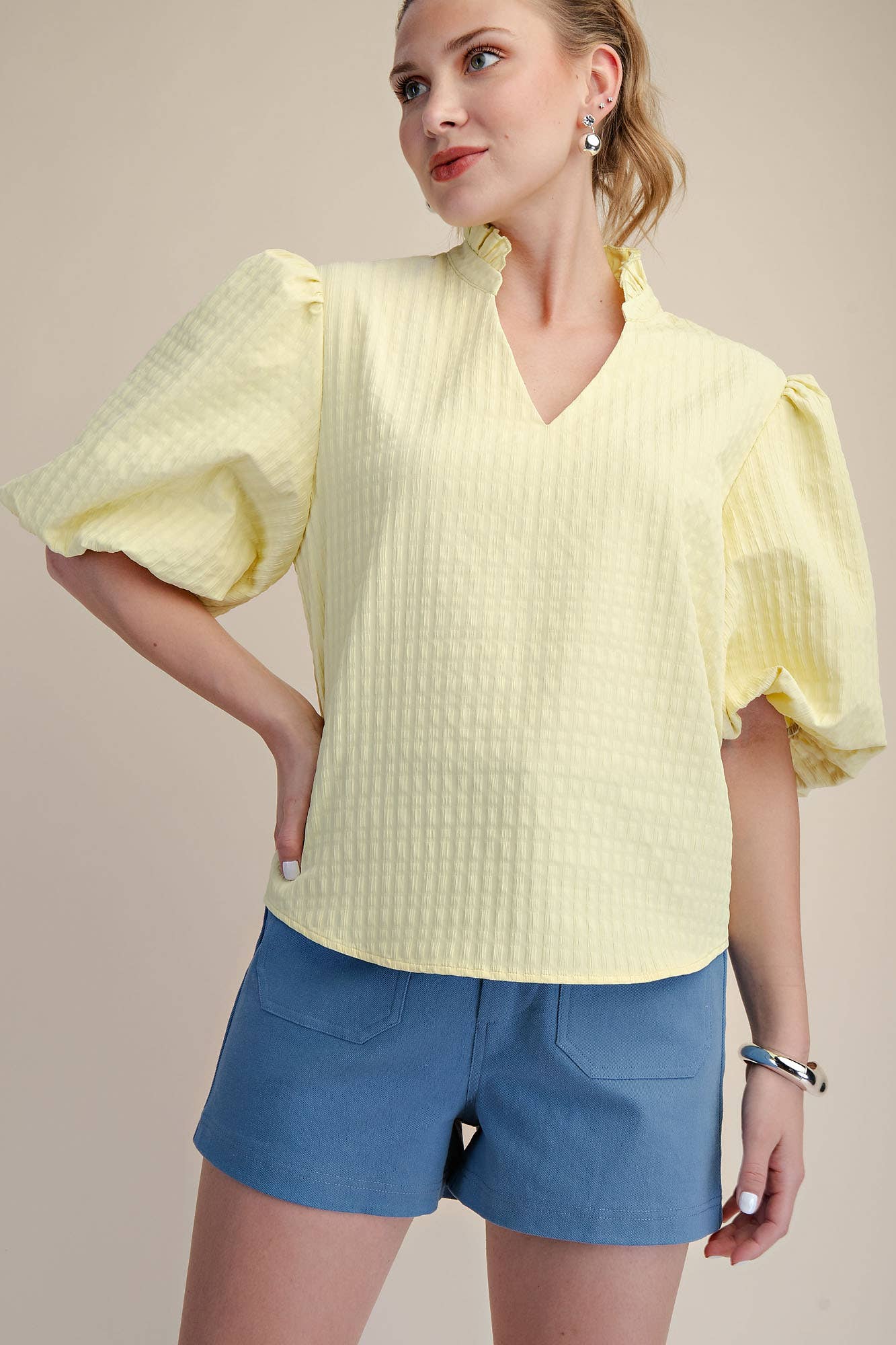 Puff Sleeve Ruffled Neck Textured Top | SS26