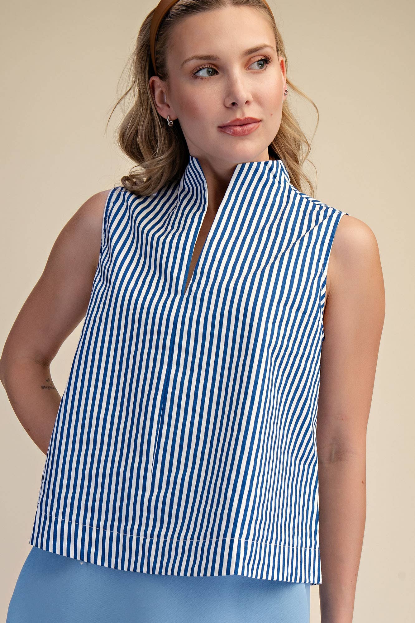 Stand Collar Slit V-Neck Sleeveless Stripe Top | SS26