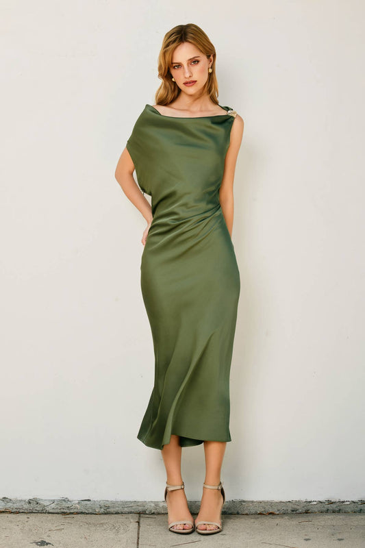 Dull Satin Off-The-Shoulder Ruched Midi Dress
