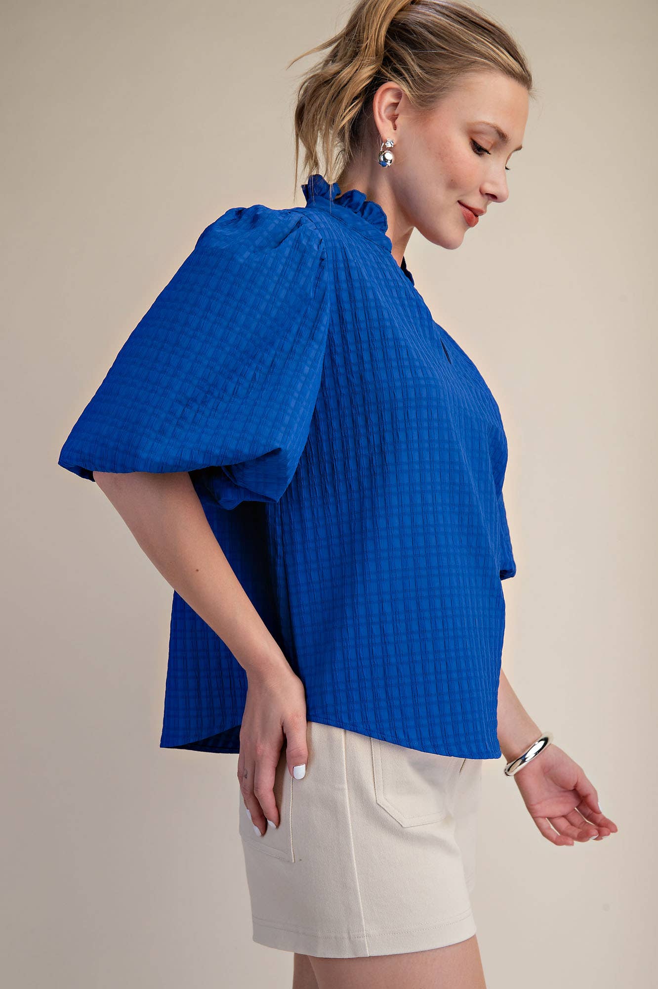 Puff Sleeve Ruffled Neck Textured Top | SS26
