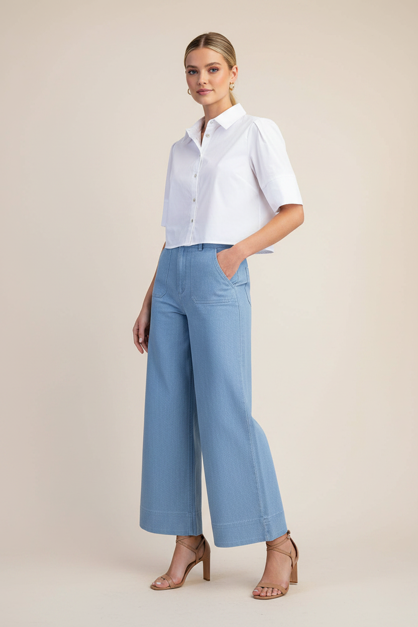 Elegant Model - White Top & Sky Blue Wide Leg Jeans