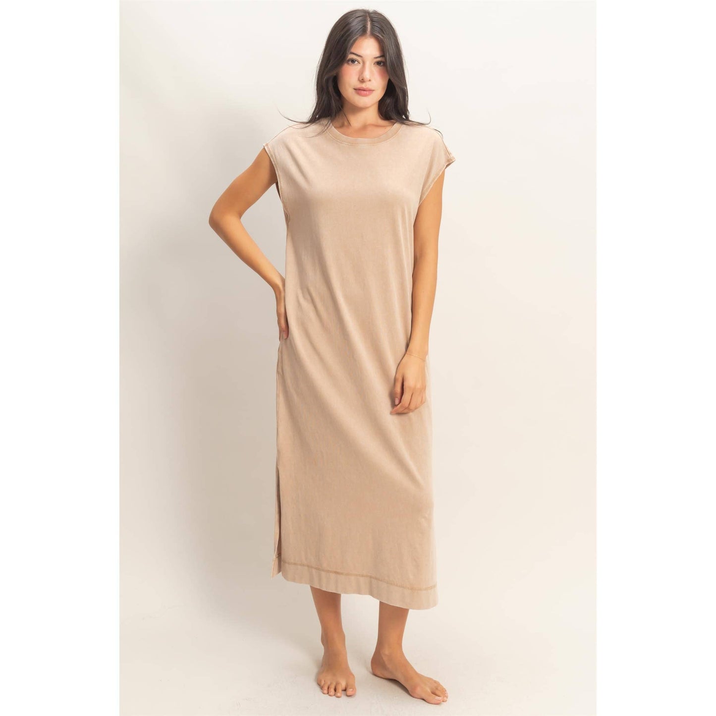 Mineral Wash Cap Sleeve Midi Dress