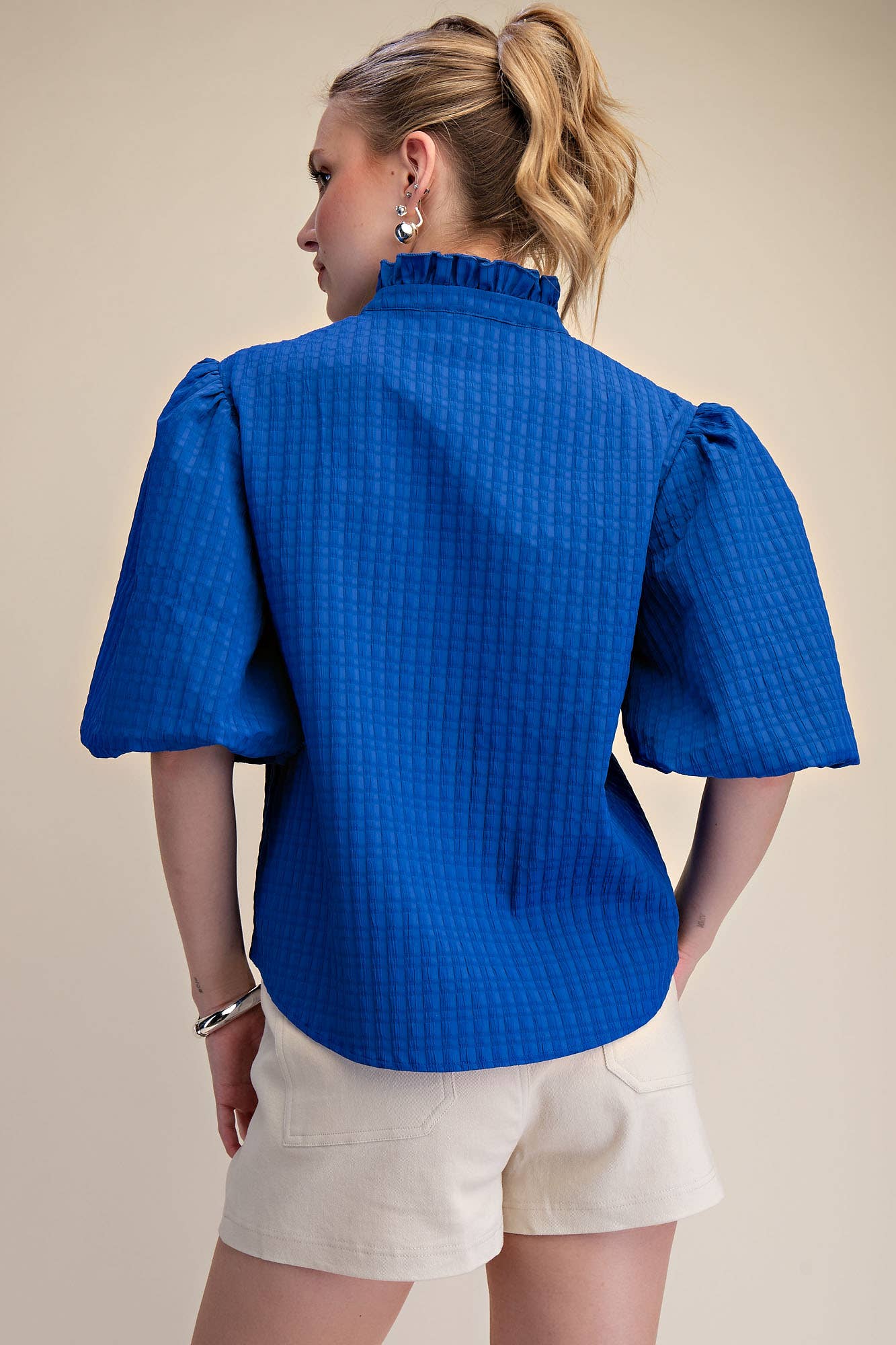 Puff Sleeve Ruffled Neck Textured Top | SS26