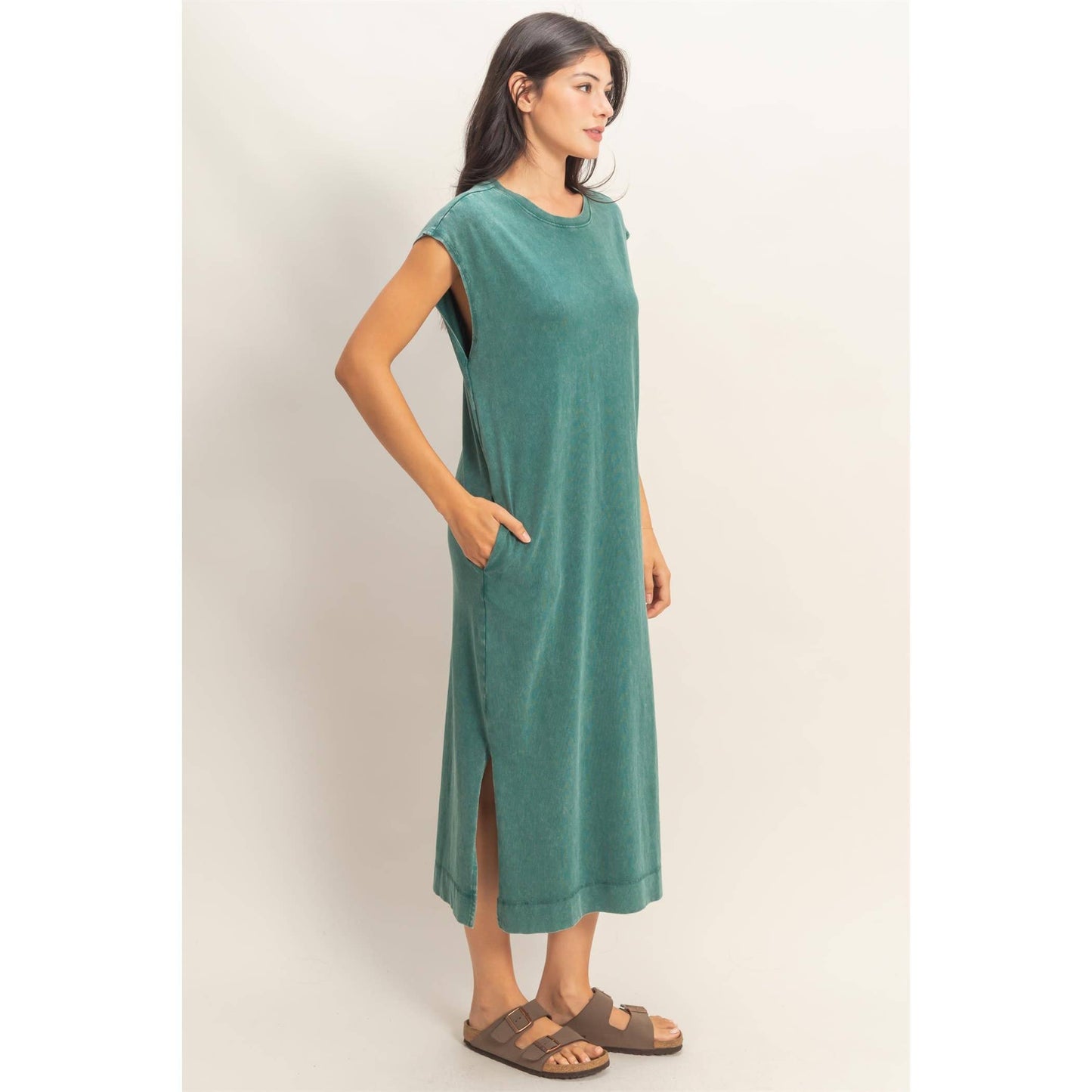 Mineral Wash Cap Sleeve Midi Dress
