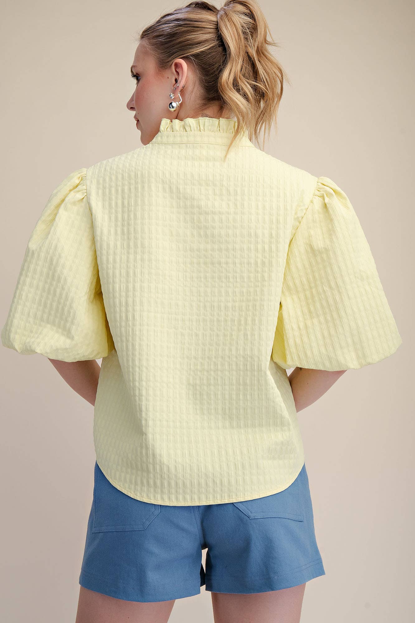 Puff Sleeve Ruffled Neck Textured Top | SS26