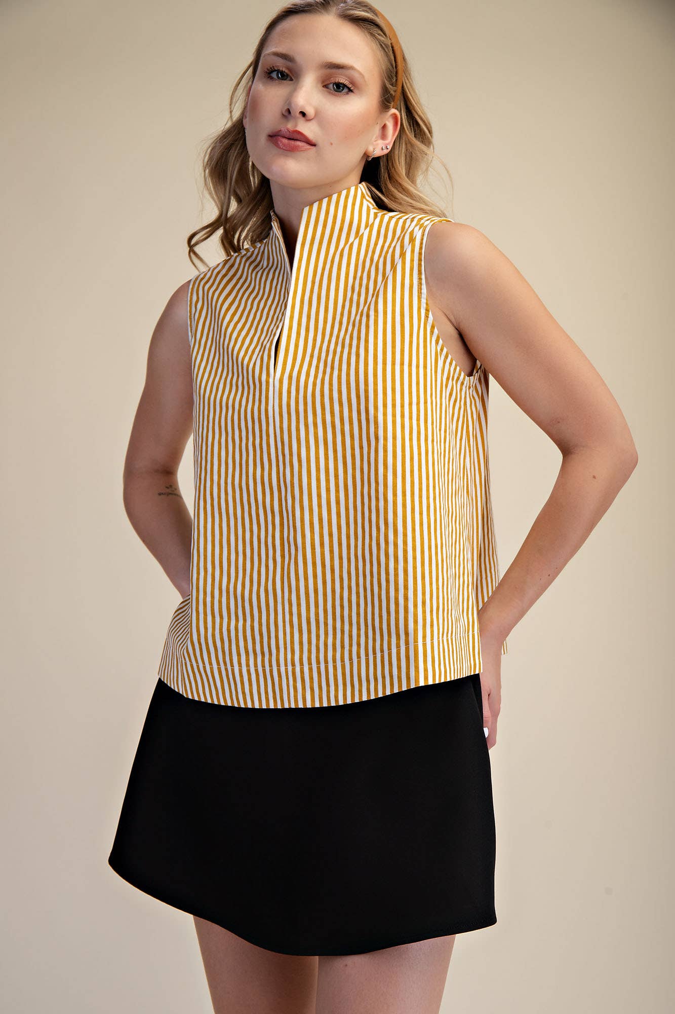 Stand Collar Slit V-Neck Sleeveless Stripe Top | SS26