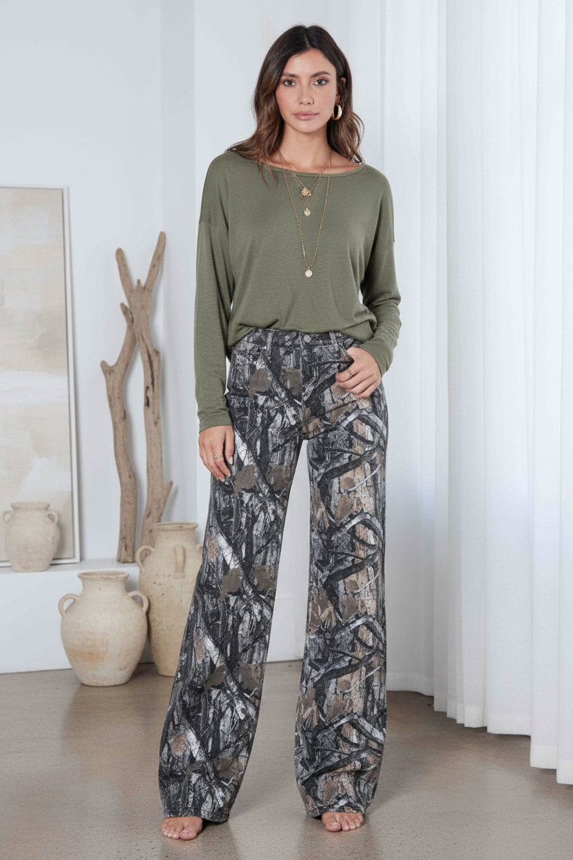 High Rise Camo Jeans with Olive Top
