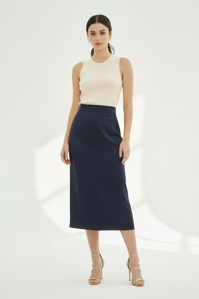 Whisper Butter Cream Top with Navy Satin Midi Skirt