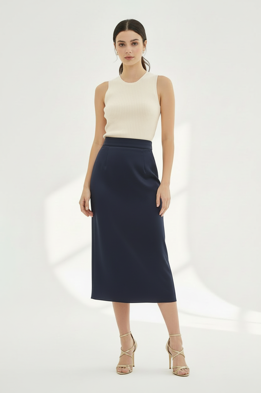 Whisper Butter Cream Top with Navy Satin Midi Skirt
