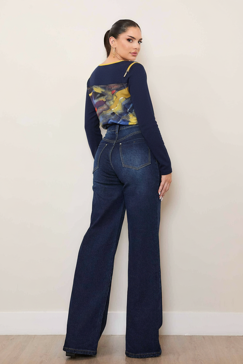 Wide Leg Jeans Back View with Abstract Print Top
